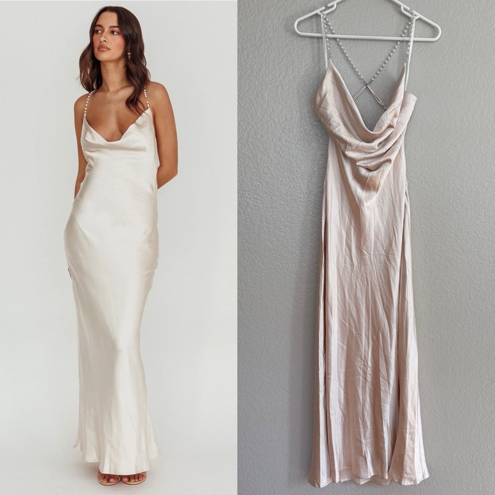 Selfie Leslie Satin Cowl Maxi Dress in Champagne